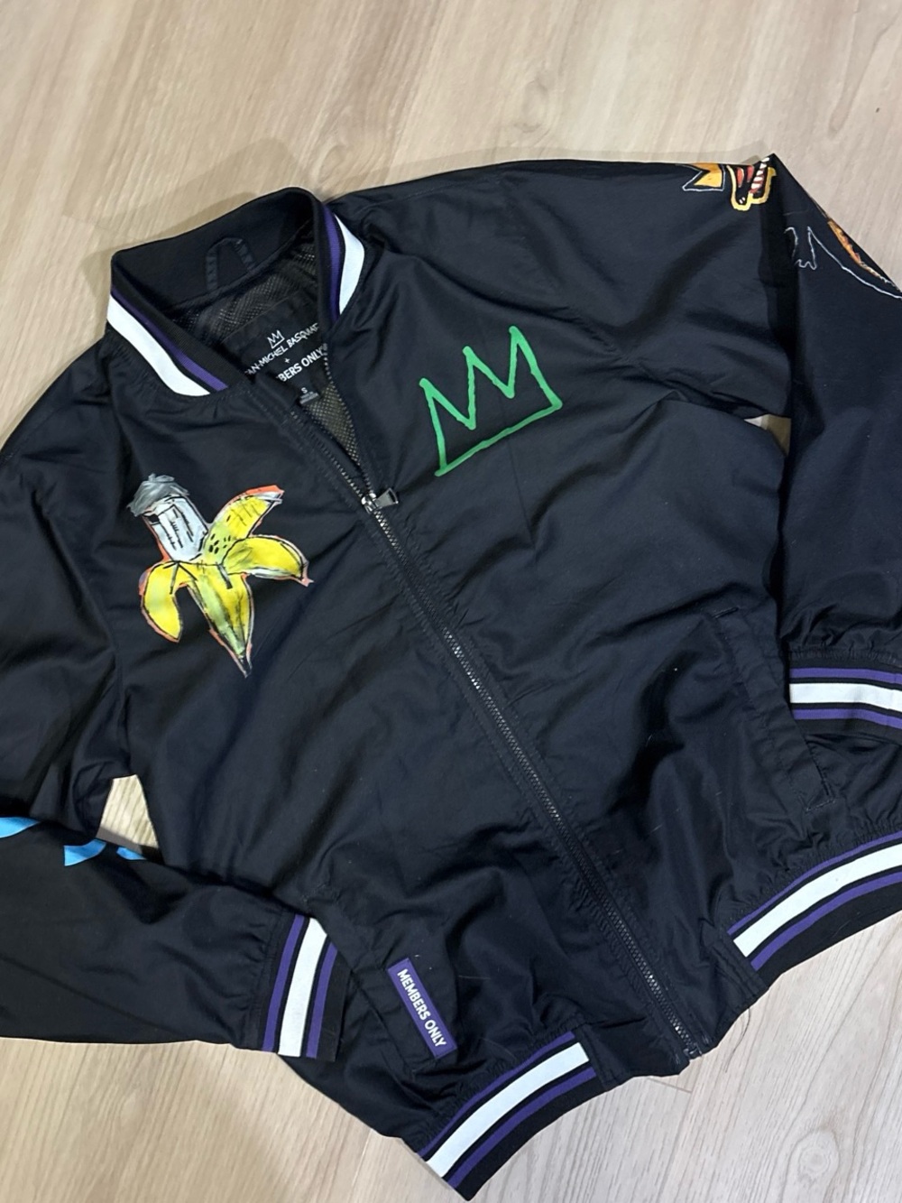 Members Only Black Bomber Jacket with Colorful Embroidered Graphics